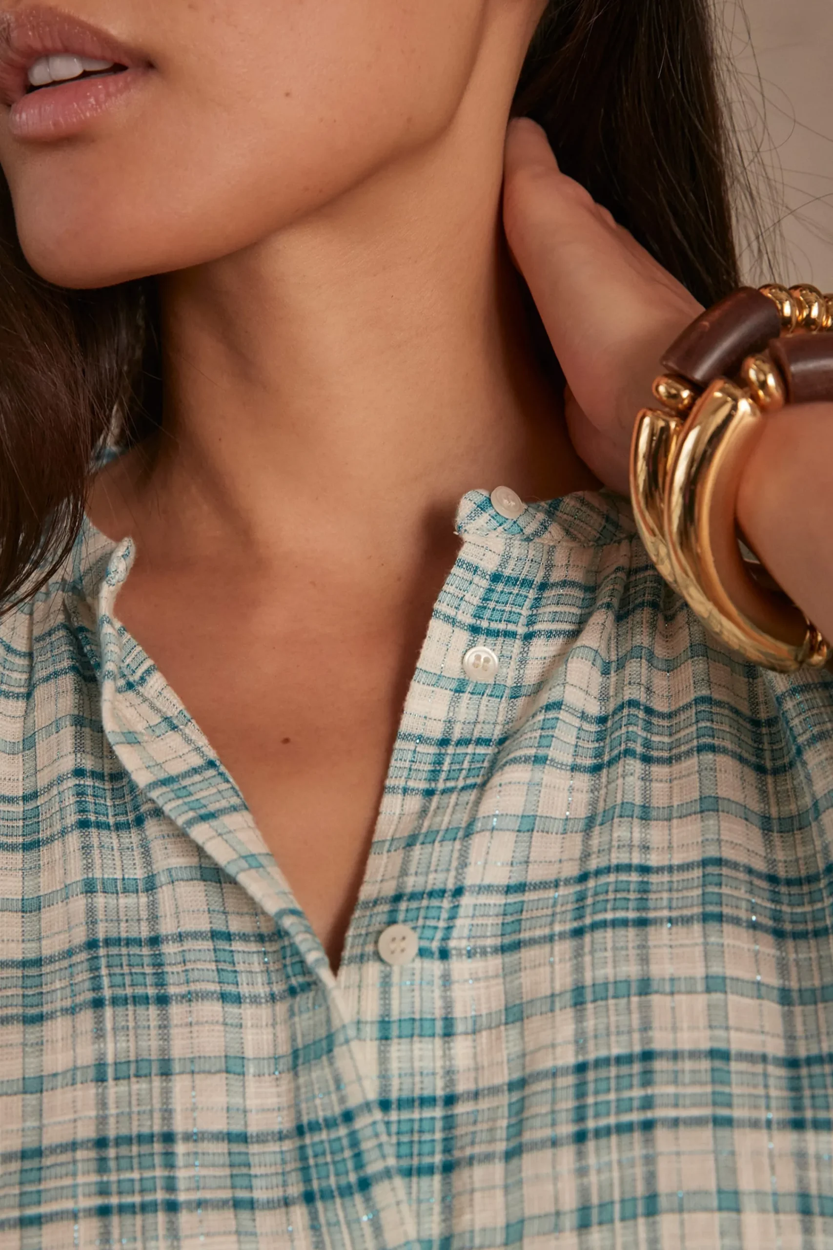 Maison 123 Blouses Et Chemises Imprimées|Blouses Et Chemises En Coton>Blouse à carreaux BELLE TURQUOISE