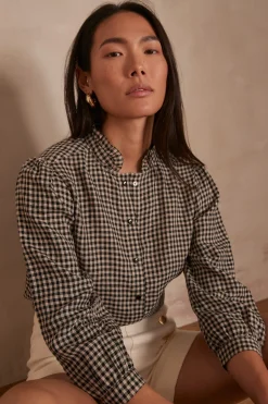 Maison 123 Blouses Et Chemises Imprimées|Blouses Et Chemises Noires>Blouse vichy en lin BELLA NOIR