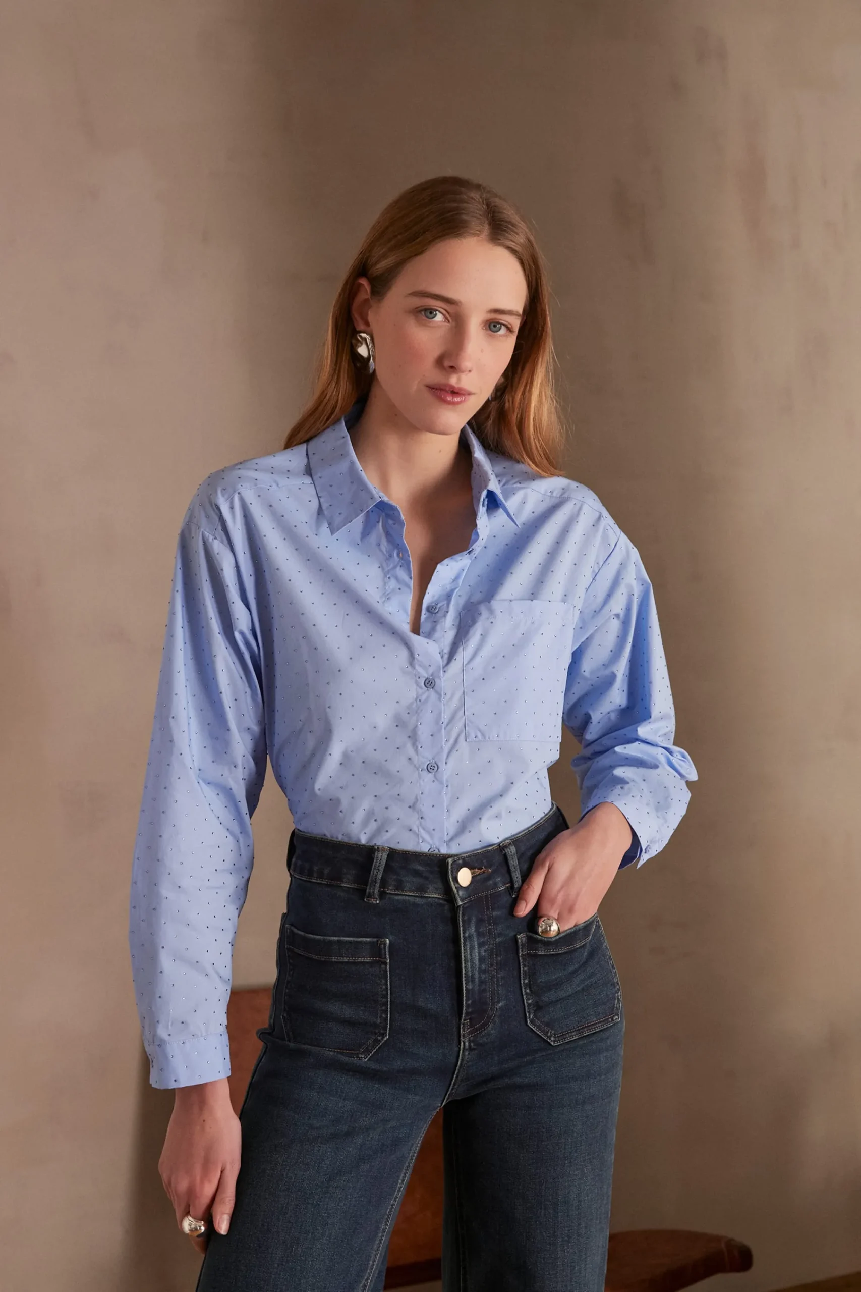 Maison 123 Blouses Et Chemises Imprimées|Blouses Et Chemises En Coton>Chemise PEPITE INDIGO CLAIR
