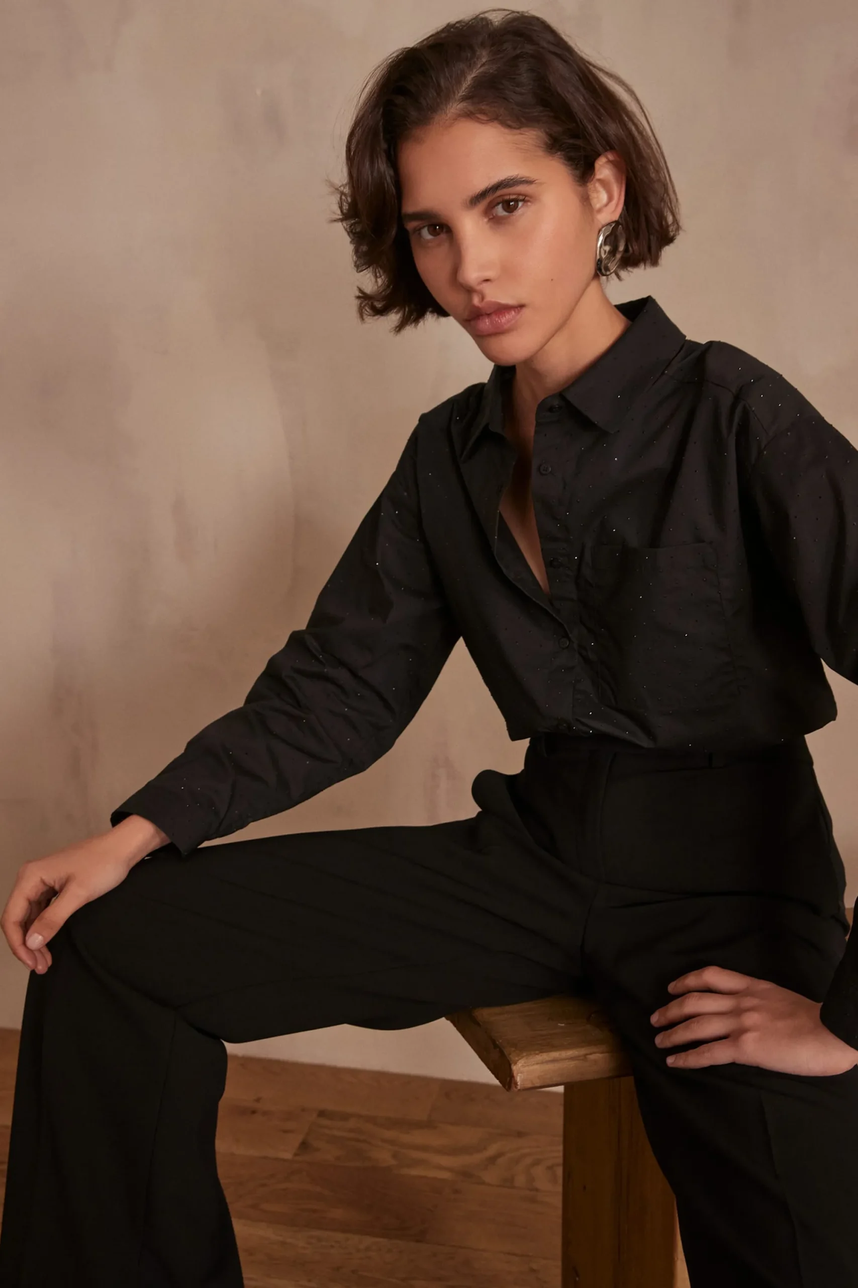 Maison 123 Blouses Et Chemises En Coton|Blouses Et Chemises Noires>Chemise PEPITE STRASS NOIR