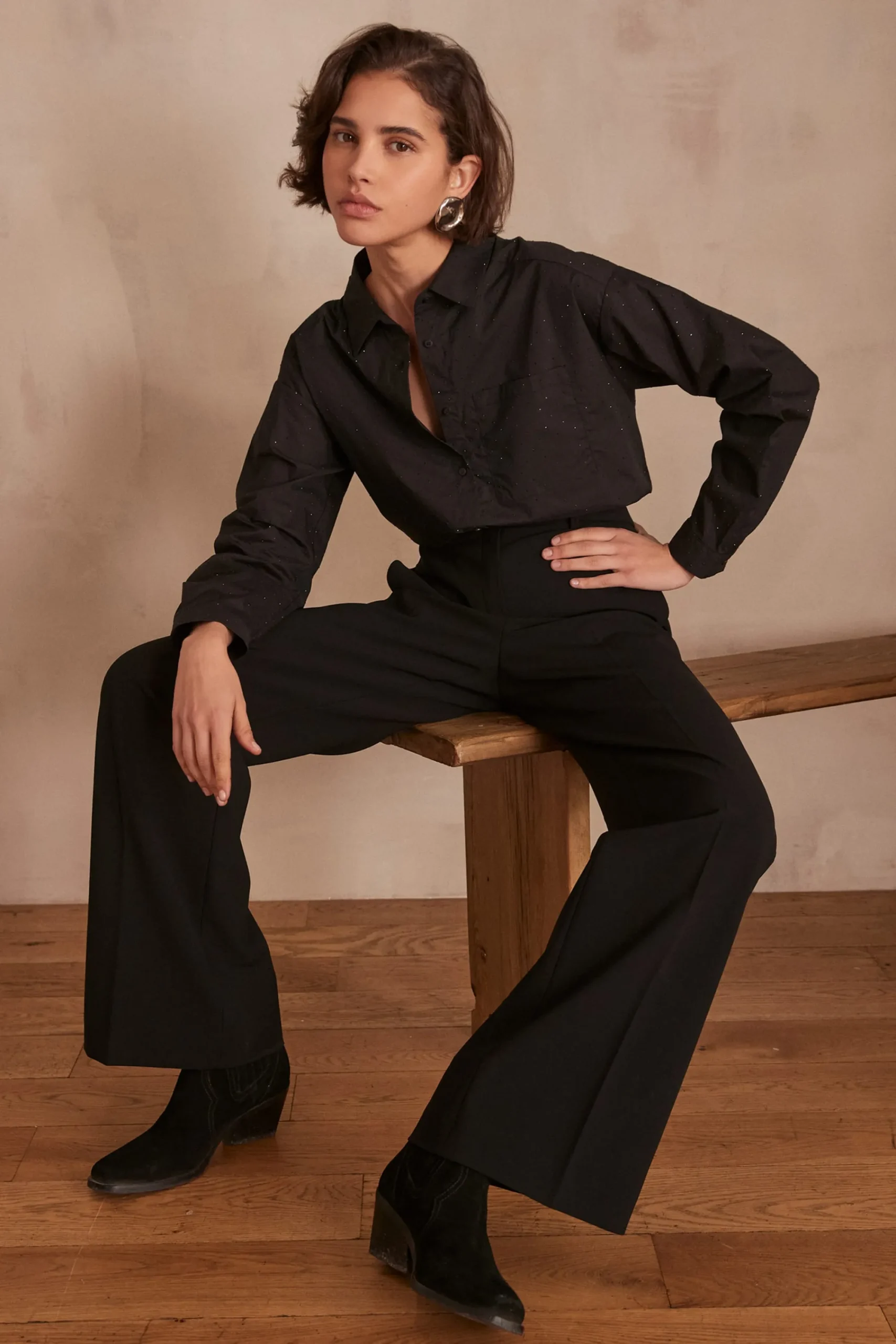 Maison 123 Blouses Et Chemises En Coton|Blouses Et Chemises Noires>Chemise PEPITE STRASS NOIR