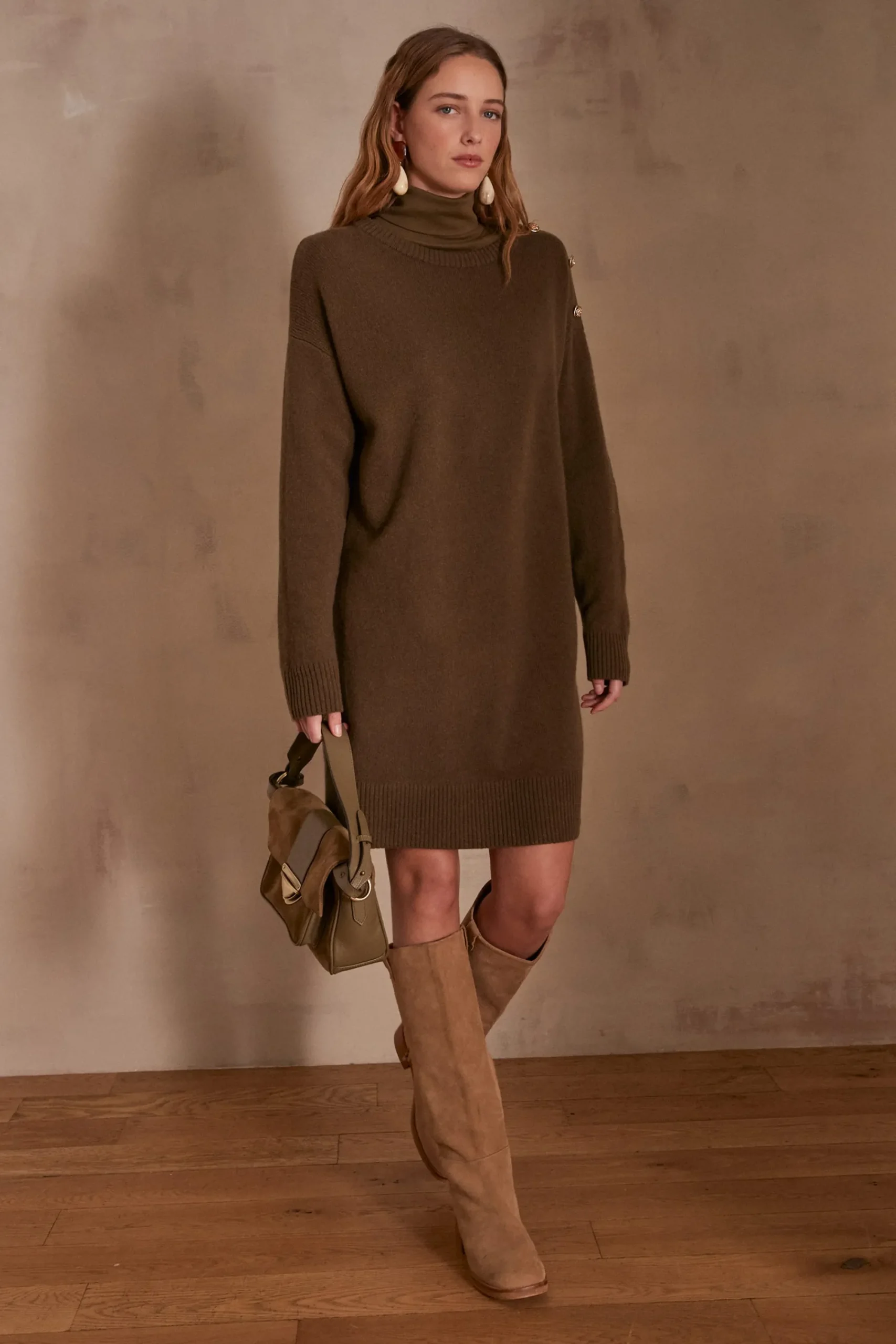 Maison 123 Robes En Maille|Robes Colorées>Robe en laine LINA KAKI