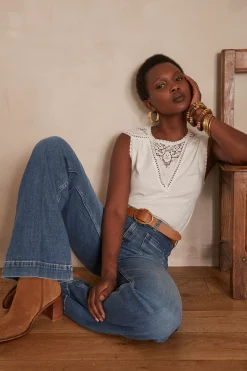 Maison 123 T-Shirts Col Rond|Débardeurs>T-shirt brodée Tiana CREME